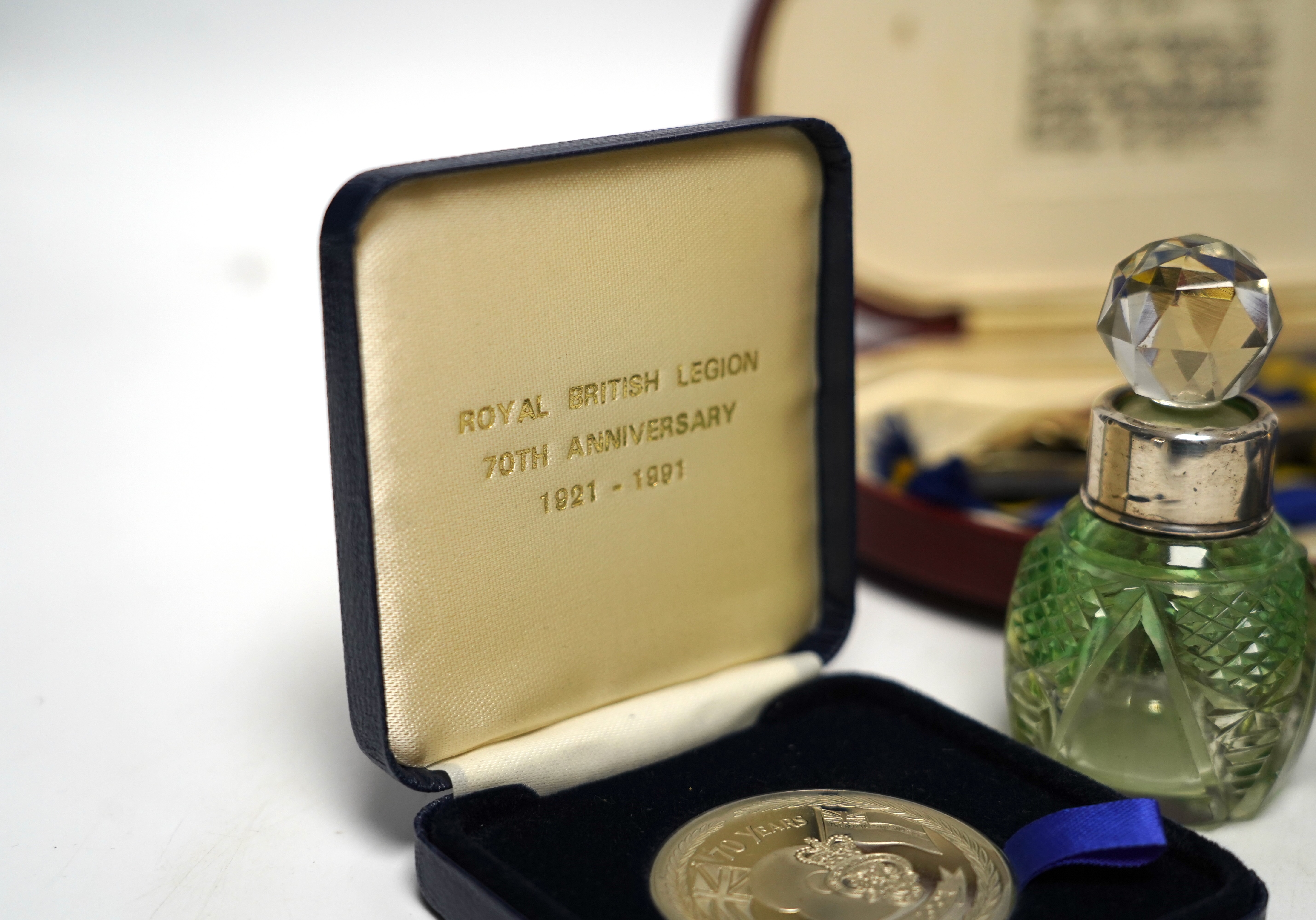 Royal British Legion interest, a Geoffrey Holden silver and enamel President's badge, silver medallions and sundries.